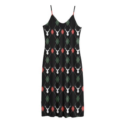 Christmas Deer Argyle Pattern Print Jersey Midi Cami Dress