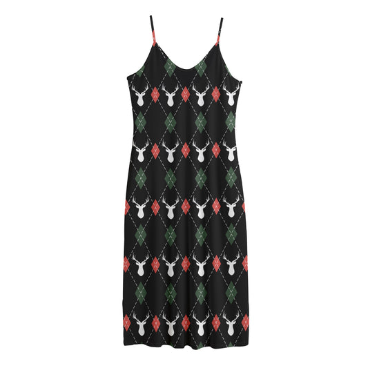 Christmas Deer Argyle Pattern Print Jersey Midi Cami Dress