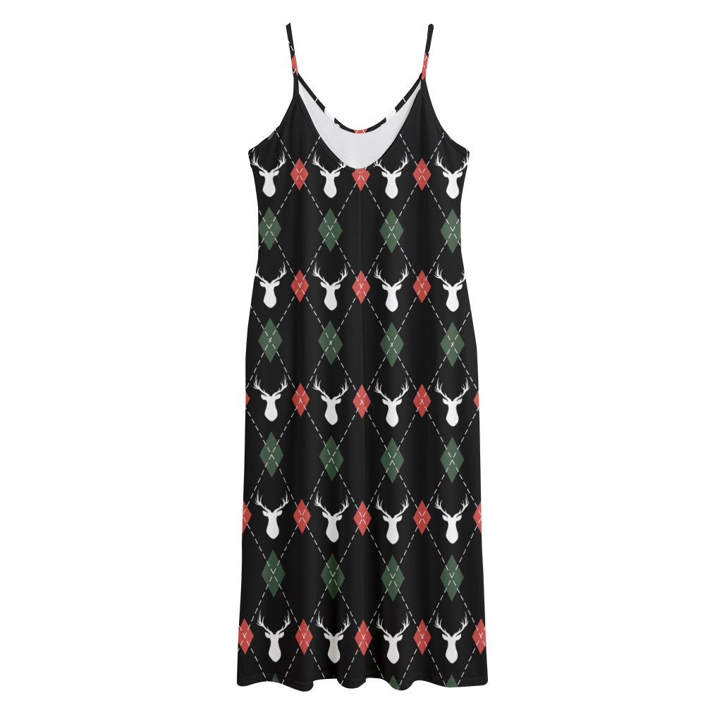Christmas Deer Argyle Pattern Print Jersey Midi Cami Dress