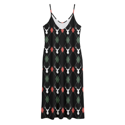 Christmas Deer Argyle Pattern Print Jersey Midi Cami Dress