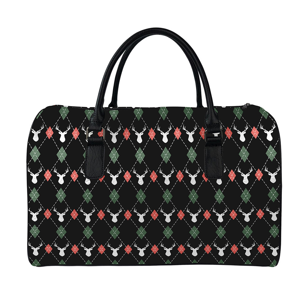 Christmas Deer Argyle Pattern Print Leather Duffle Bag