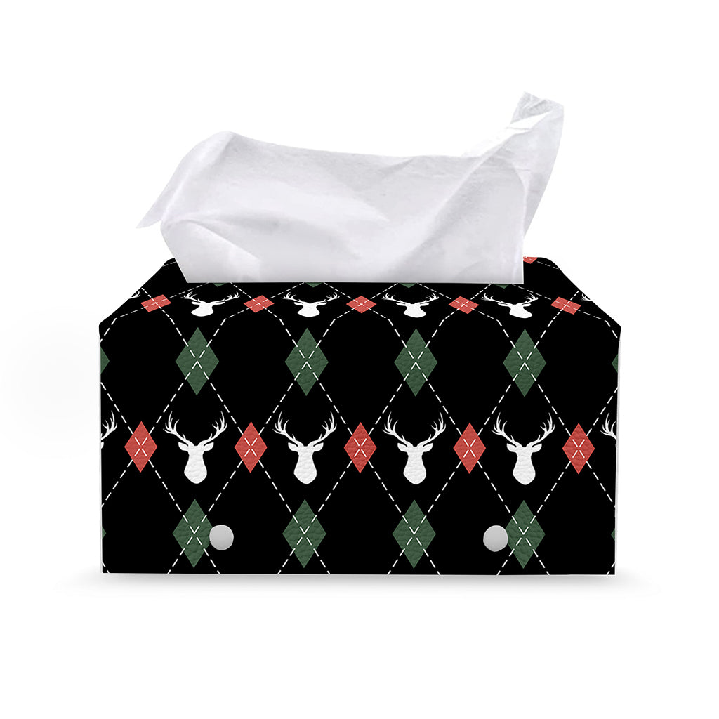 Christmas Deer Argyle Pattern Print Leather Tissue Box Cover