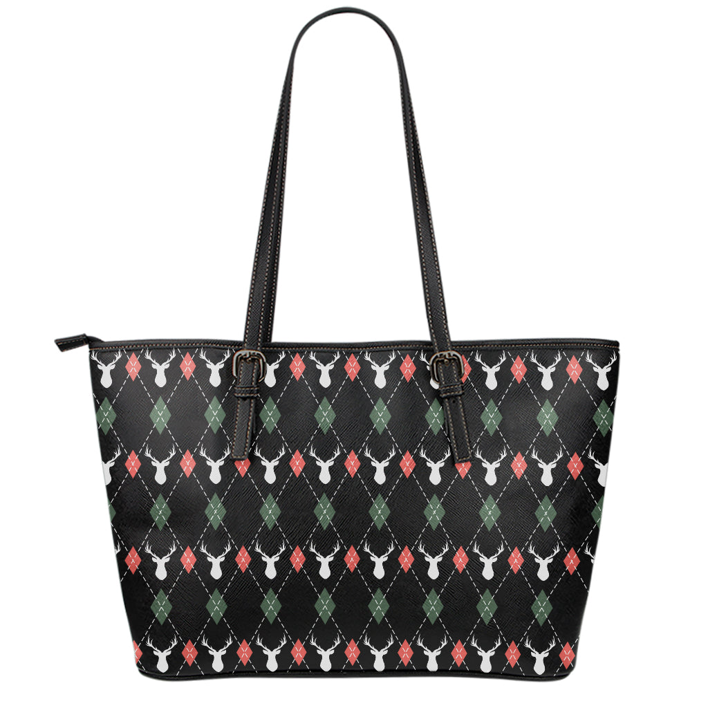 Christmas Deer Argyle Pattern Print Leather Tote Bag