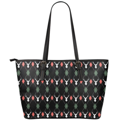 Christmas Deer Argyle Pattern Print Leather Tote Bag