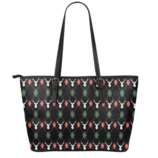 Christmas Deer Argyle Pattern Print Leather Tote Bag