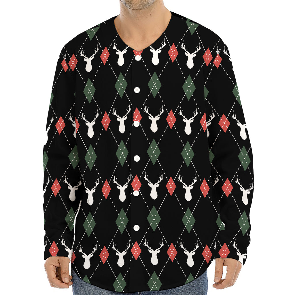 Christmas Deer Argyle Pattern Print Long Sleeve Baseball Jersey