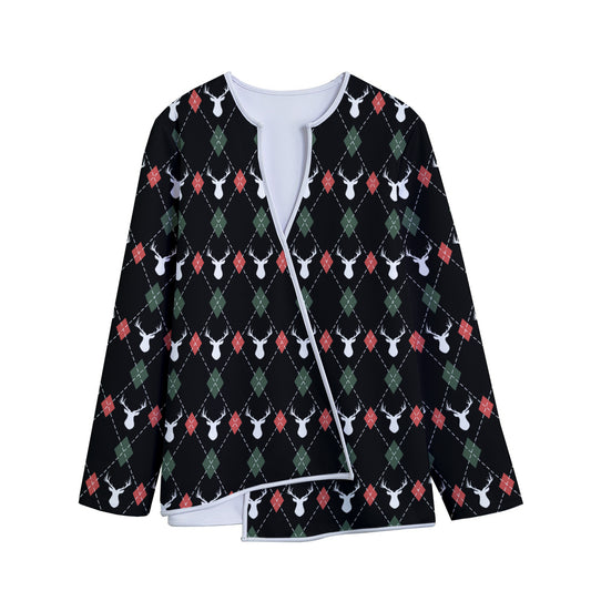 Christmas Deer Argyle Pattern Print Long Sleeve Short Coat