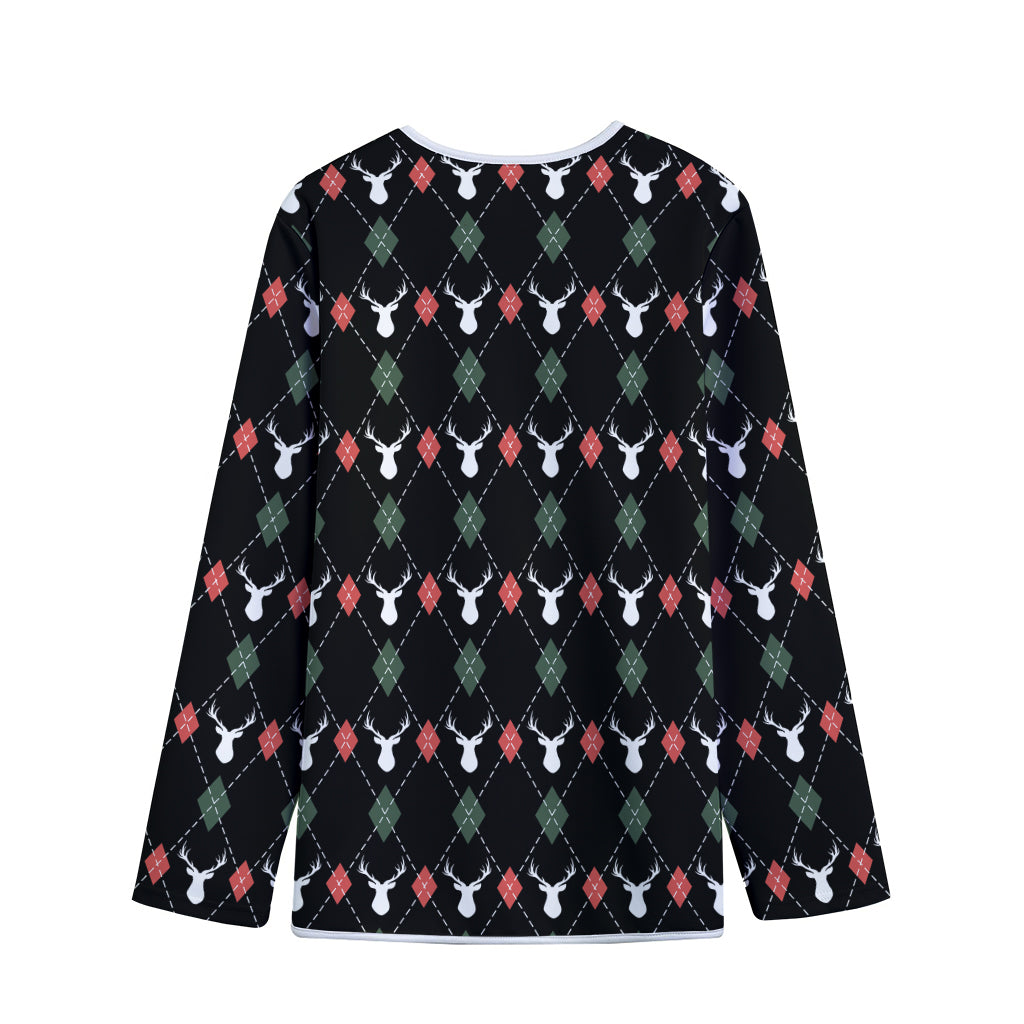 Christmas Deer Argyle Pattern Print Long Sleeve Short Coat