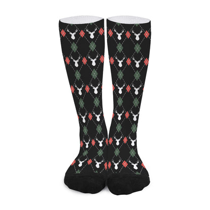 Christmas Deer Argyle Pattern Print Long Socks