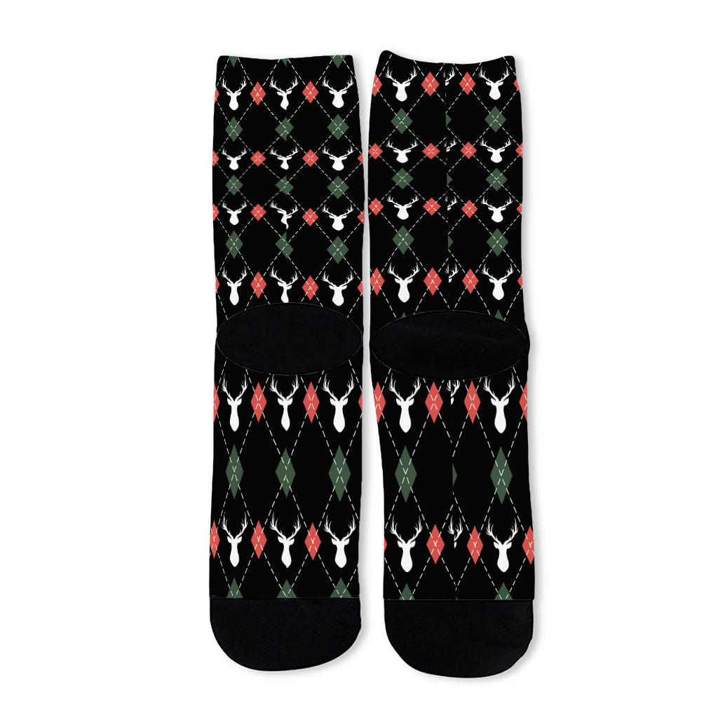 Christmas Deer Argyle Pattern Print Long Socks