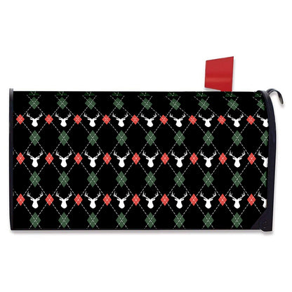 Christmas Deer Argyle Pattern Print Mailbox Cover