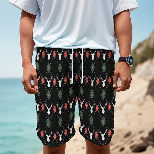 Christmas Deer Argyle Pattern Print Men's Cargo Shorts