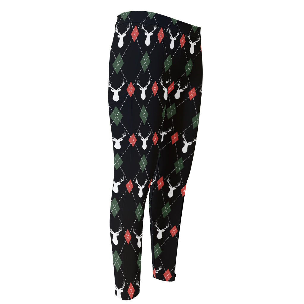 Christmas Deer Argyle Pattern Print Men's Compression Pants