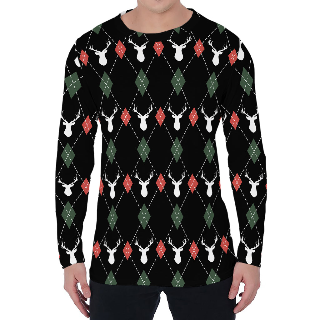 Christmas Deer Argyle Pattern Print Men's Long Sleeve T-Shirt