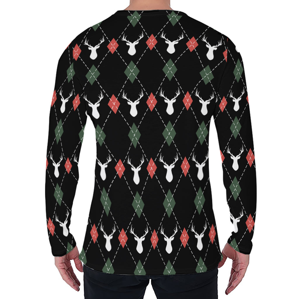 Christmas Deer Argyle Pattern Print Men's Long Sleeve T-Shirt