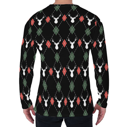 Christmas Deer Argyle Pattern Print Men's Long Sleeve T-Shirt