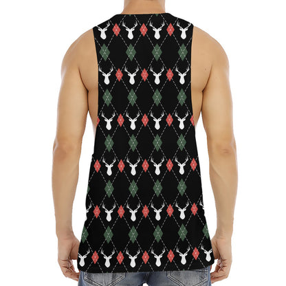 Christmas Deer Argyle Pattern Print Men's Muscle Tank Top