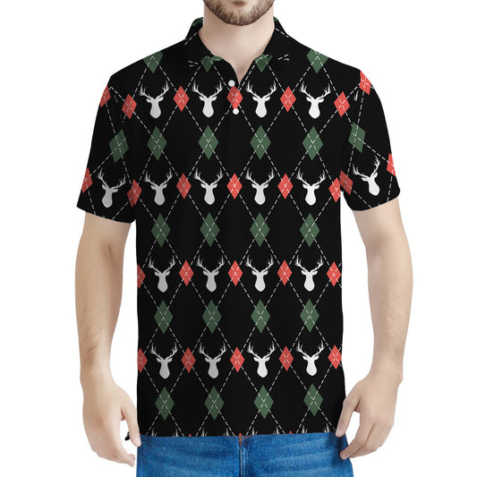 Christmas Deer Argyle Pattern Print Men's Polo Shirt