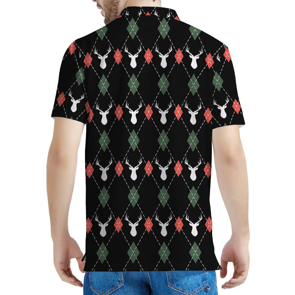 Christmas Deer Argyle Pattern Print Men's Polo Shirt