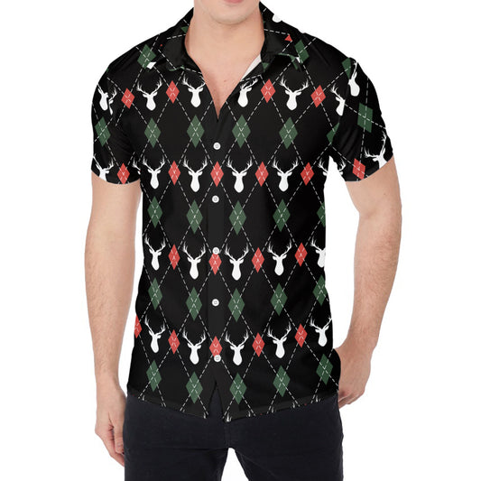 Christmas Deer Argyle Pattern Print Men's Shirt