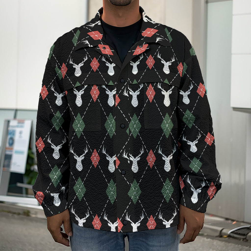 Christmas Deer Argyle Pattern Print Men's Shirt Jacket