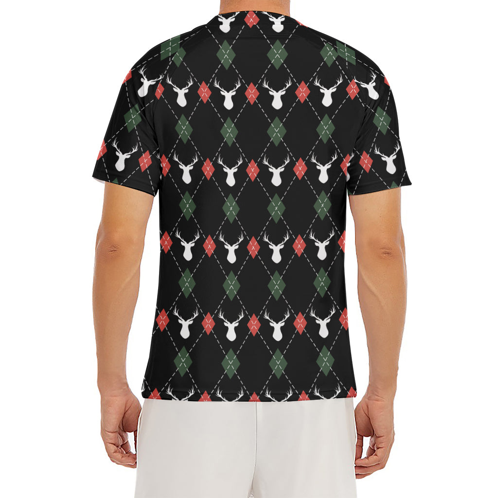 Christmas Deer Argyle Pattern Print Men's Short Sleeve Rash Guard
