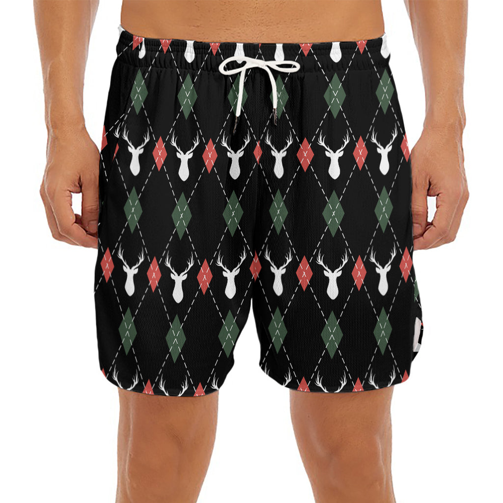 Christmas Deer Argyle Pattern Print Men's Split Running Shorts