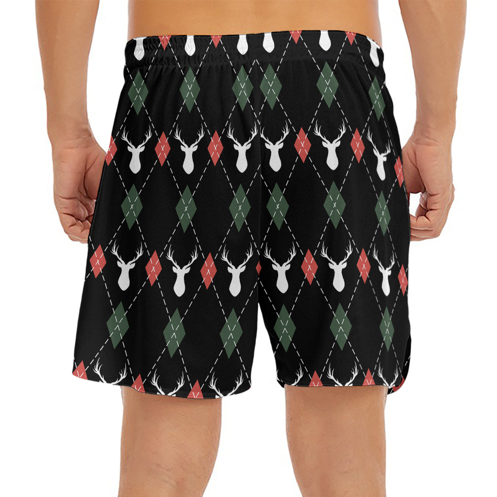 Christmas Deer Argyle Pattern Print Men's Split Running Shorts