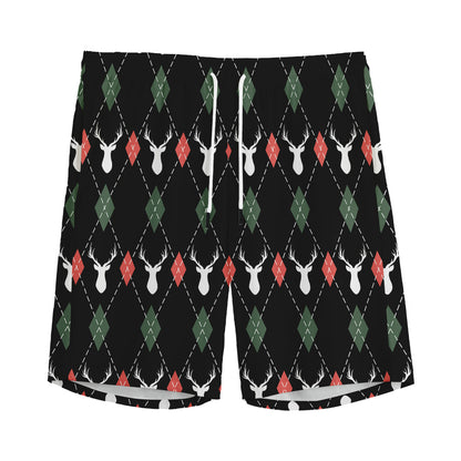 Christmas Deer Argyle Pattern Print Men's Sports Shorts