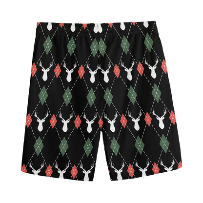 Christmas Deer Argyle Pattern Print Men's Sports Shorts