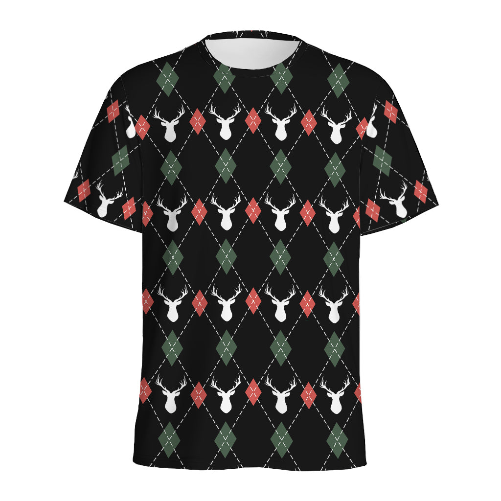 Christmas Deer Argyle Pattern Print Men's Sports T-Shirt