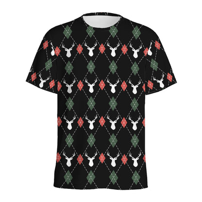 Christmas Deer Argyle Pattern Print Men's Sports T-Shirt