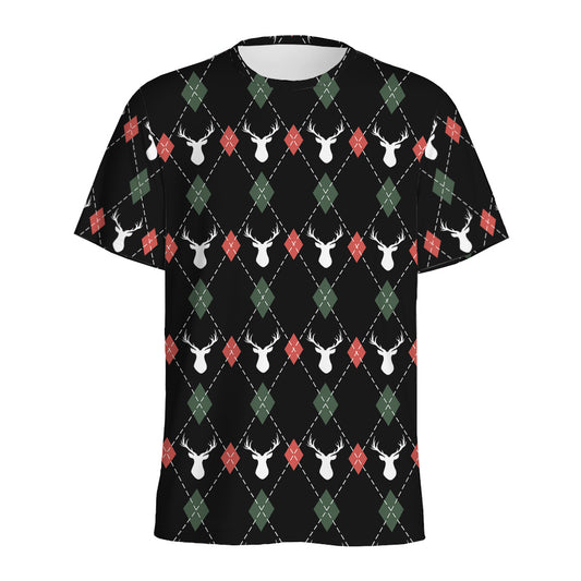 Christmas Deer Argyle Pattern Print Men's Sports T-Shirt