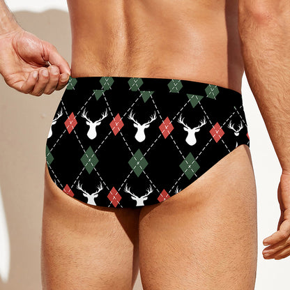 Christmas Deer Argyle Pattern Print Men's Swim Briefs