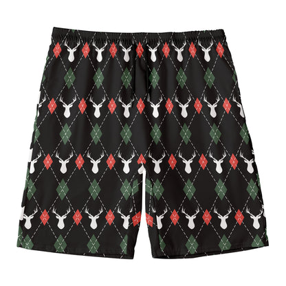 Christmas Deer Argyle Pattern Print Men's Swim Trunks