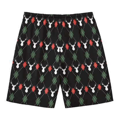 Christmas Deer Argyle Pattern Print Men's Swim Trunks