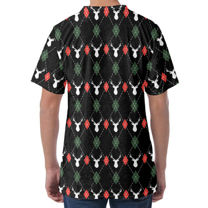 Christmas Deer Argyle Pattern Print Men's Velvet T-Shirt
