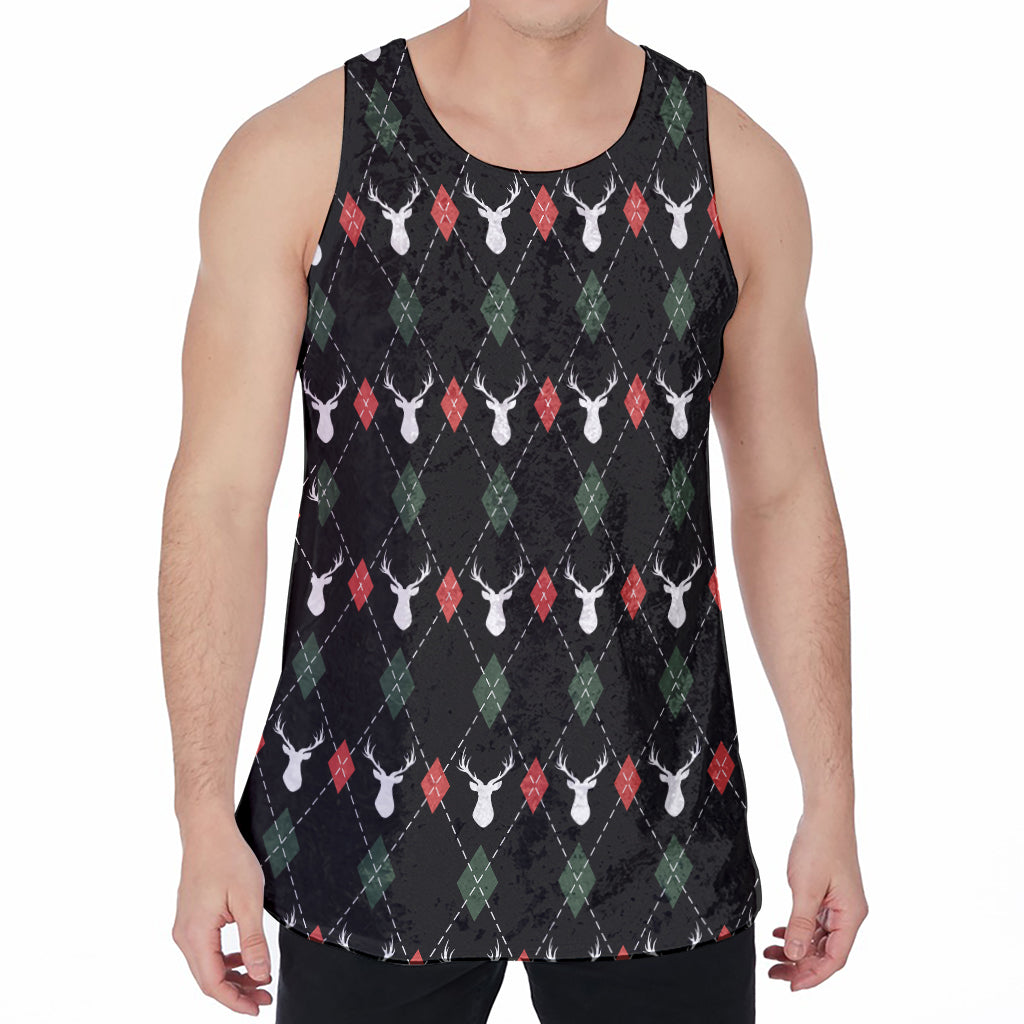 Christmas Deer Argyle Pattern Print Men's Velvet Tank Top