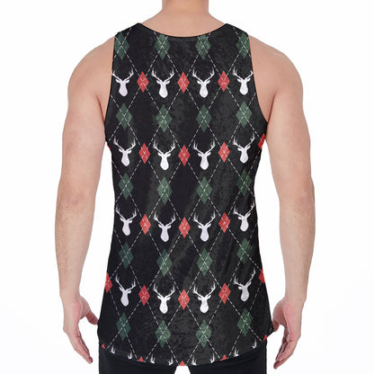Christmas Deer Argyle Pattern Print Men's Velvet Tank Top