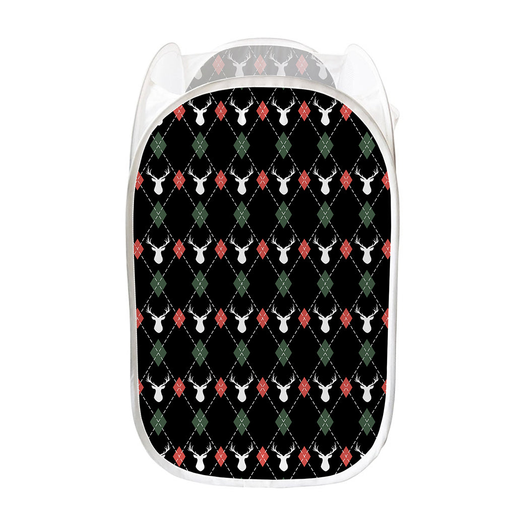Christmas Deer Argyle Pattern Print Mesh Laundry Hamper