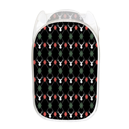 Christmas Deer Argyle Pattern Print Mesh Laundry Hamper