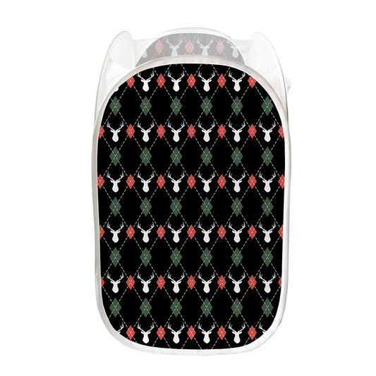 Christmas Deer Argyle Pattern Print Mesh Laundry Hamper