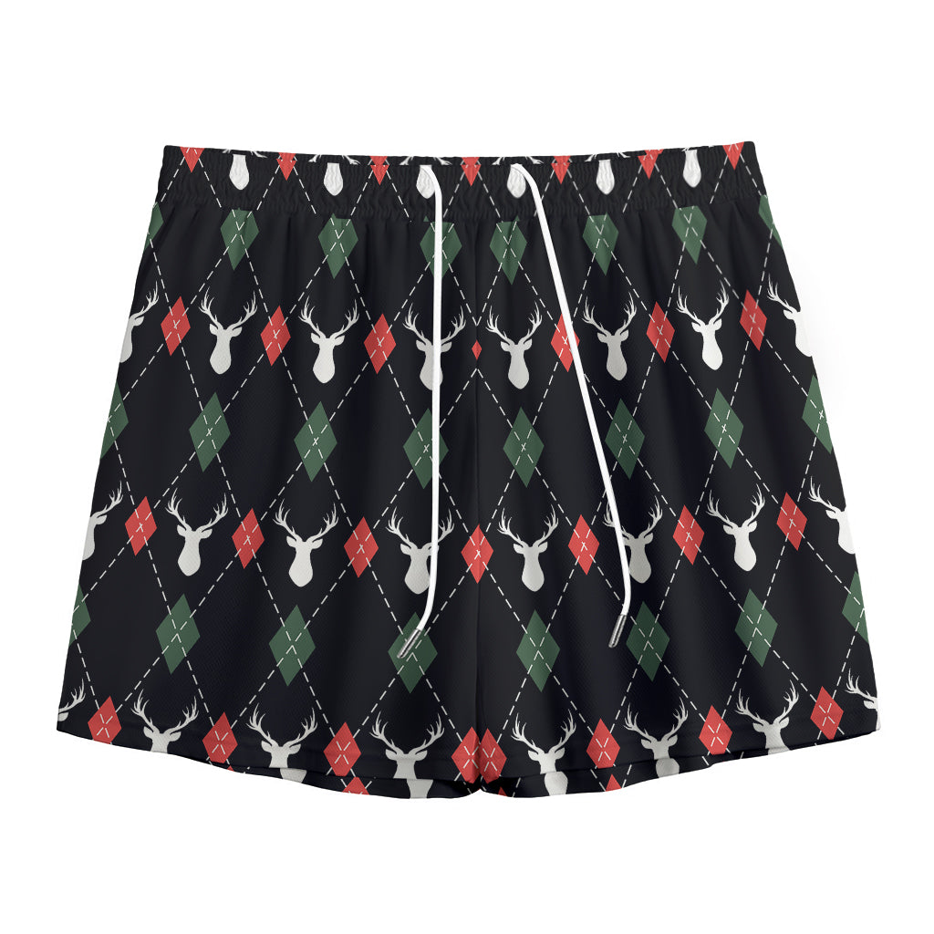Christmas Deer Argyle Pattern Print Mesh Shorts