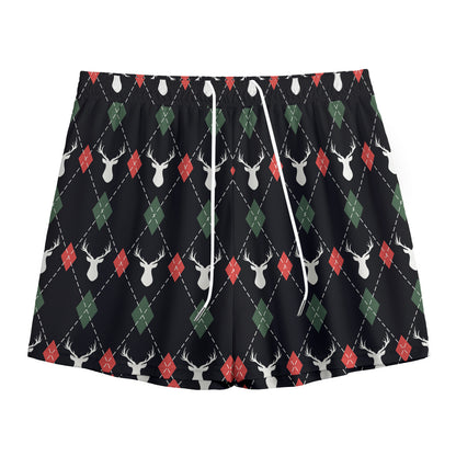 Christmas Deer Argyle Pattern Print Mesh Shorts