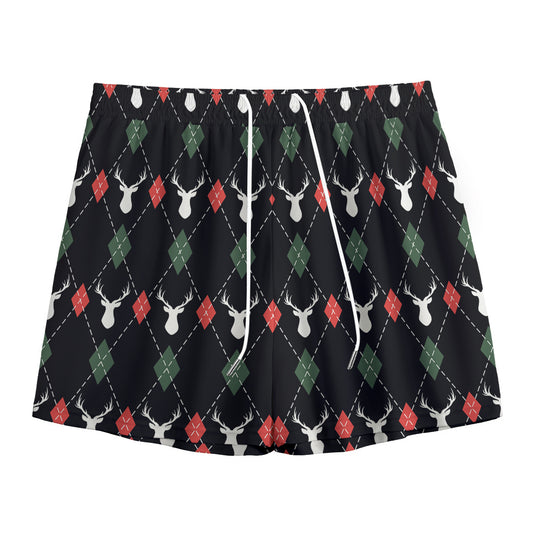 Christmas Deer Argyle Pattern Print Mesh Shorts