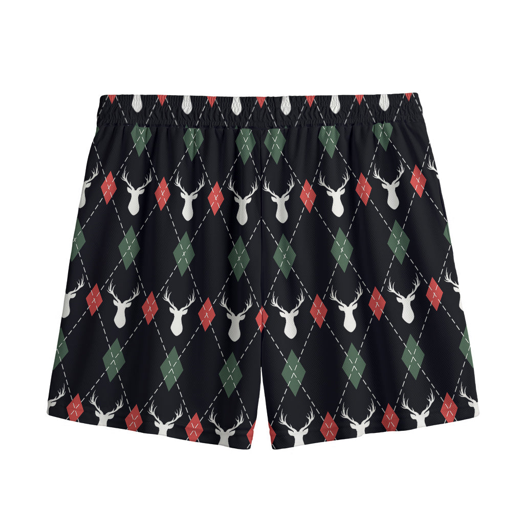 Christmas Deer Argyle Pattern Print Mesh Shorts
