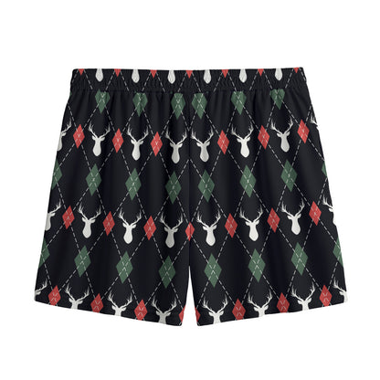 Christmas Deer Argyle Pattern Print Mesh Shorts