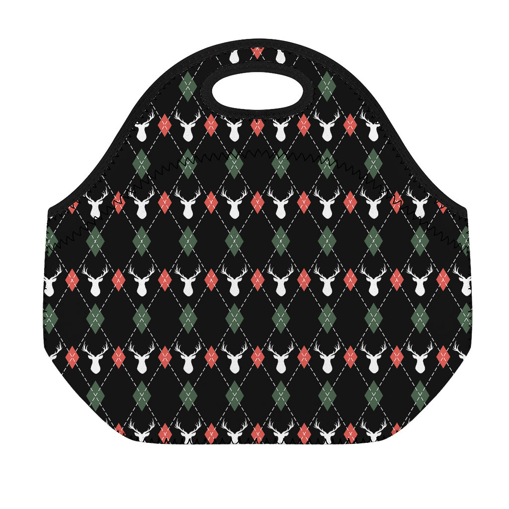 Christmas Deer Argyle Pattern Print Neoprene Lunch Bag