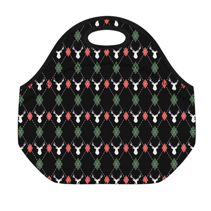 Christmas Deer Argyle Pattern Print Neoprene Lunch Bag