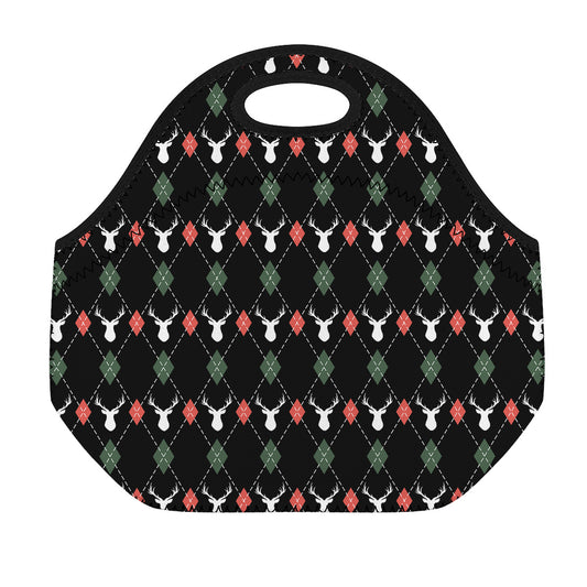 Christmas Deer Argyle Pattern Print Neoprene Lunch Bag